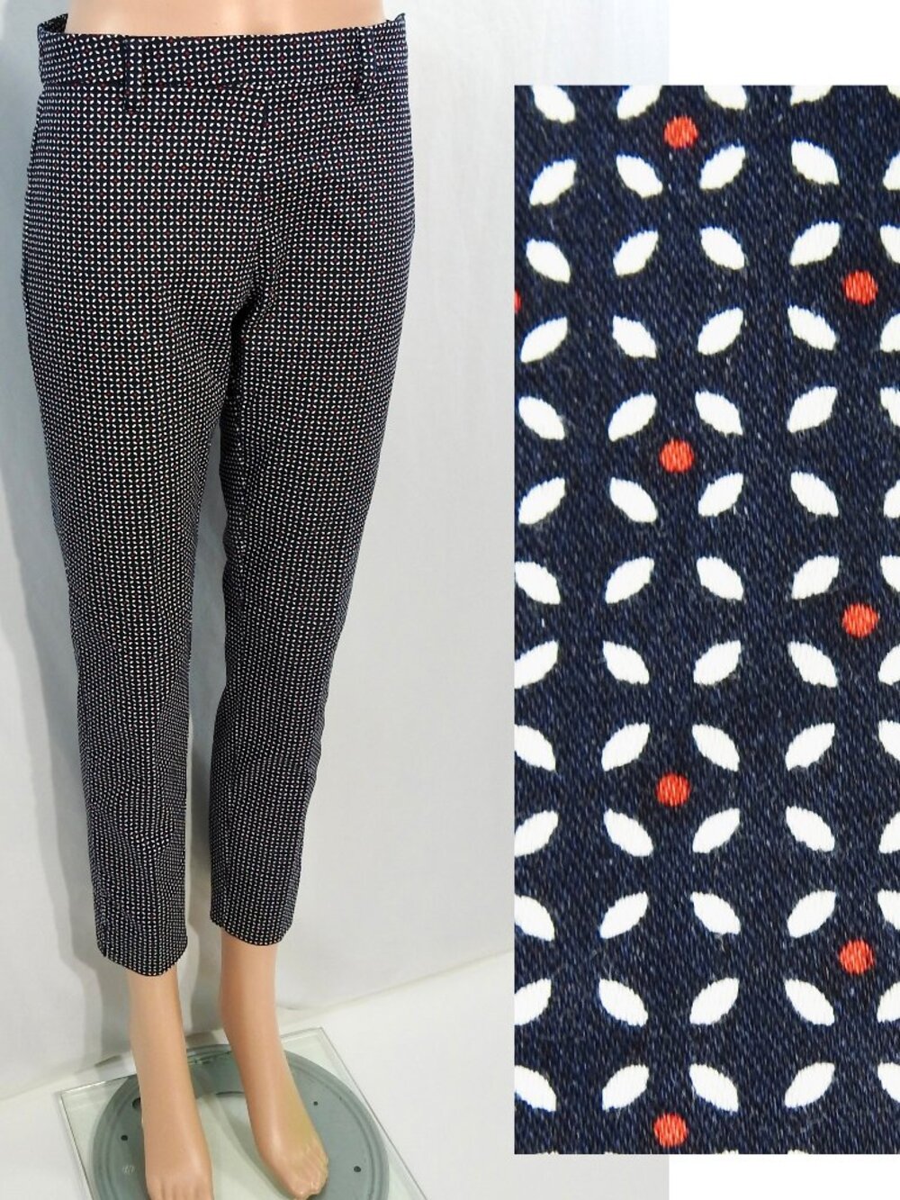 H&M Sz 6 Navy Blue Ankle Cropped Pants Side Zipper Womens Print